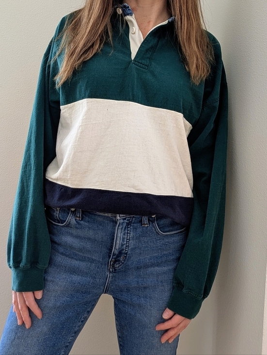 Vintage Tops - Vintage 90's Colorblock Denim Collared Long-Sleeve Polo Shirt in Green/Blue